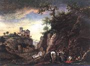 WOUWERMAN, Philips Rocky Landscape with resting Travellers qr oil on canvas